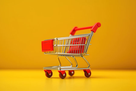 Generative AI, red metallic shopping cart on yellow background, minimalistic shop online, free delivery, discounts and sale concept.の素材
