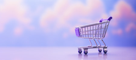 Generative AI, purple shopping cart on purple background, minimalistic shop online, free delivery, discounts and sale concept.の素材