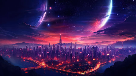 Generative AI, Synthwave style of a futuristic city, cityscape with neon lights and sky, red and purple colorsの素材