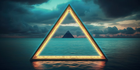 Generative AI, abstract geometric background, clouds, sea and glowing neon triangular frame. Minimal futuristic seascape with reflection in the water.の素材
