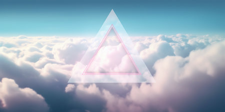 Generative AI, abstract geometric background, clouds, sea and glowing neon triangular frame. Minimal futuristic seascape with reflection in the water.の素材