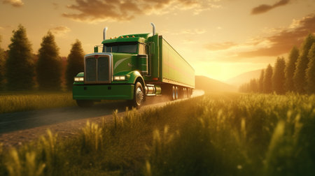 Generative AI, Green truck driving on the asphalt road in rural landscape at sunset.の素材