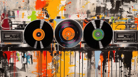 Generative AI, Grunge Vinyl Records, pop art graffiti, vibrant color. Ink melted paint street art on a textured paper vintage backgroundの素材