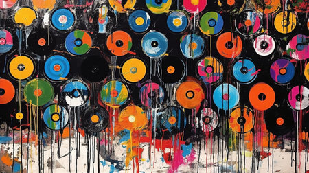 Generative AI, Grunge Vinyl Records, pop art graffiti, vibrant color. Ink melted paint street art on a textured paper vintage backgroundの素材