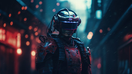 Generative AI, beautiful asian person in samurai suit in VR glasses in neon space street, virtual reality headset in cyberspaceの素材