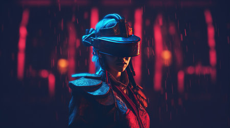 Generative AI, beautiful asian person in samurai suit in VR glasses in neon space street, virtual reality headset in cyberspaceの素材