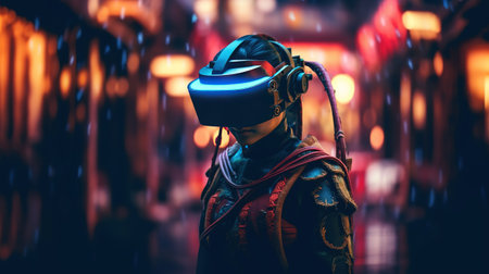 Generative AI, beautiful asian person in samurai suit in VR glasses in neon space street, virtual reality headset in cyberspaceの素材