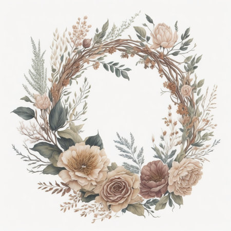 Generative AI, Watercolor wreath with pastel colors flowers in boho style, hand drawn art style with place for text. Greeting, birthday and other holiday, wedding invitation conceptの素材