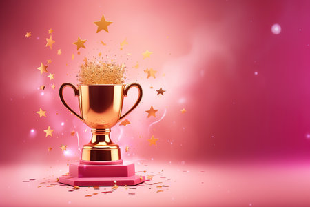 Generative AI, Winner trophy with flames, pink golden champion cup with falling confetti on pink backgroundの素材