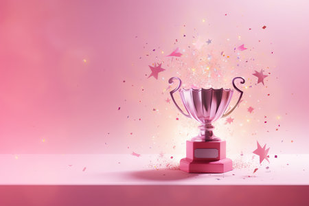 Generative AI, Winner trophy with flames, pink golden champion cup with falling confetti on pink backgroundの素材