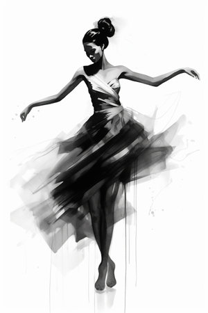 Generative AI, Beautiful dancing woman drawn by black ink or watercolor. Hand paint black and white sketch.の素材