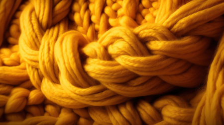 Generative AI, knitted yellow sweater texture closeup, yellow or light orange abstract background, mustard-colored backdropの素材