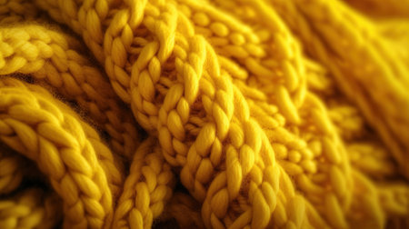 Generative AI, knitted yellow sweater texture closeup, yellow or light orange abstract background, mustard-colored backdropの素材