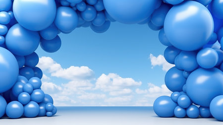 Generative AI, arch of blue balloons. Birthday party for boy 3d background, shower. Mockup template for greeting card.の素材