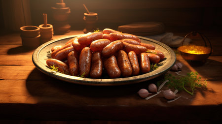 Generative AI, Grilled sausages on a plate, dark background, barbeque foodの素材