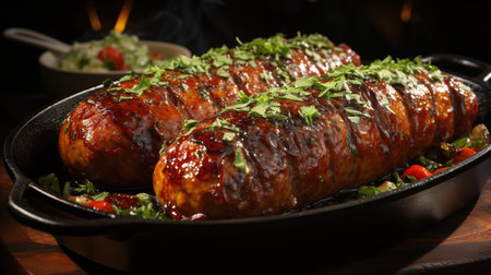 Generative AI, Grilled meat on a plate, dark background, barbeque foodの素材