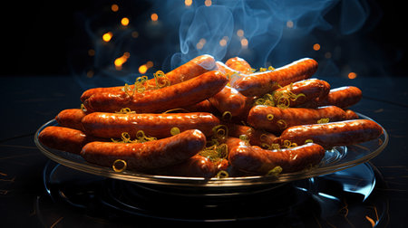 Generative AI, Grilled sausages on a plate, dark background, barbeque foodの素材
