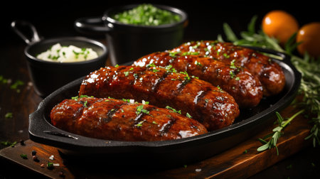 Generative AI, Grilled sausages on a plate, dark background, barbeque foodの素材