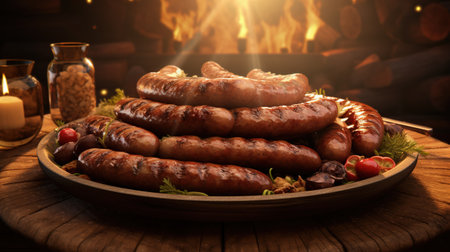 Generative AI, Grilled sausages on a plate, dark background, barbeque foodの素材