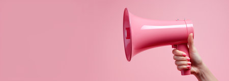 Generative AI, megaphone in hand on an empty pink background, panoramic image with copy spaceの素材