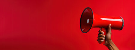 Generative AI, megaphone in hand on an empty red background, panoramic image with copy spaceの素材