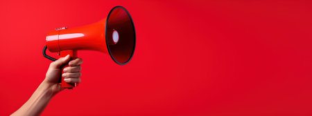 Generative AI, megaphone in hand on an empty red background, panoramic image with copy spaceの素材