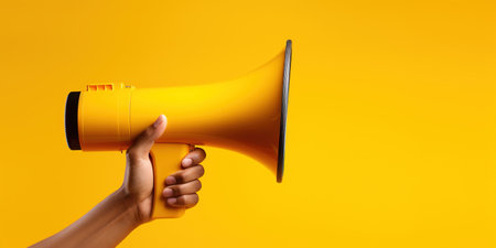 Generative AI, megaphone in hand on an empty yellow background, panoramic image with copy spaceの素材