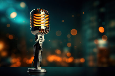 Generative AI, retro audio microphone on stage, blurred lights backgroundの素材
