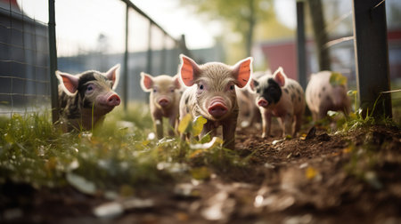 Generative AI, little pigs looking at the camera on a farmの素材