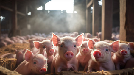 Generative AI, little pigs looking at the camera on a farmの素材