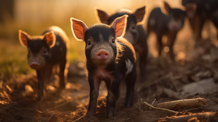 Generative AI, little pigs looking at the camera on a farmの素材