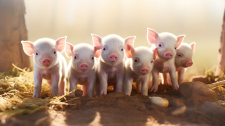 Generative AI, little pigs looking at the camera on a farmの素材