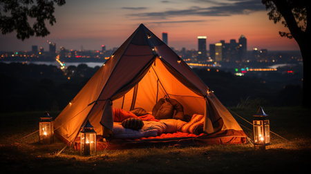 Generative AI, romantic camping with lantern lights, pillows, blanket. city view in the eveningの素材