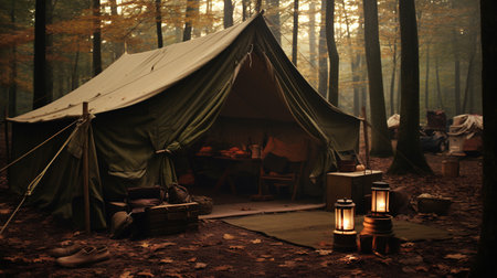 Generative AI, Camping outdoor concept in neutral muted colors, tourist campの素材