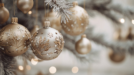 Generative AI, Chhristmas and new year balls in the fir tree branches, holidays concept, festive winter season backgroundの素材