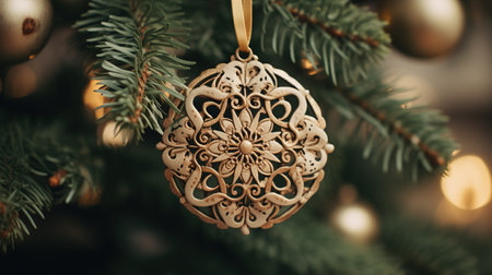 Generative AI, Chhristmas and new year balls in the fir tree branches, holidays concept, festive winter season backgroundの素材