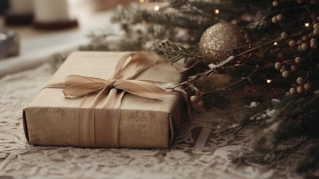 Generative AI, Christmas home decoration close up, muted colors, holiday photorealistic aestethic backgroundの素材