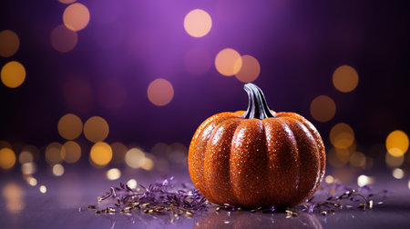 Generative AI, Halloween glitter background with pumpkin. Orange and violet colors, holiday concept with copy spaceの素材