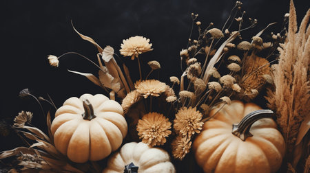 Generative AI, Halloween and Thanksgiving decoration for home and celebration concept, pumpkins and plants, autumn backgroundの素材