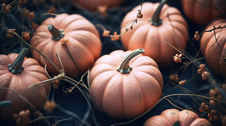 Generative AI, Halloween and Thanksgiving decoration for home and celebration concept, pumpkins and plants, autumn backgroundの素材