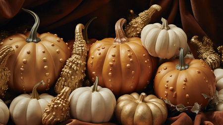Generative AI, Halloween and Thanksgiving decoration for home and celebration concept, pumpkins and plants, autumn backgroundの素材