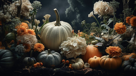 Generative AI, Halloween and Thanksgiving decoration for home and celebration concept, pumpkins and plants, autumn backgroundの素材