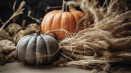 Generative AI, Halloween and Thanksgiving decoration for home and celebration concept, pumpkins and plants, autumn backgroundの素材