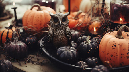 Generative AI, Halloween and Thanksgiving decoration for home and celebration concept, pumpkins and plants, autumn backgroundの素材