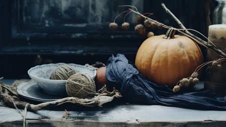 Generative AI, Halloween and Thanksgiving decoration for home and celebration concept, pumpkins and plants, autumn backgroundの素材
