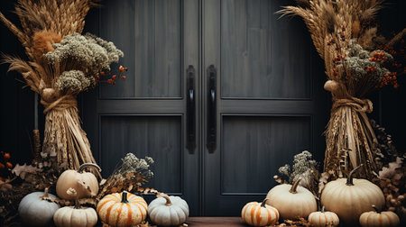 Generative AI, Halloween and Thanksgiving decoration for home and celebration concept, pumpkins and plants, autumn backgroundの素材