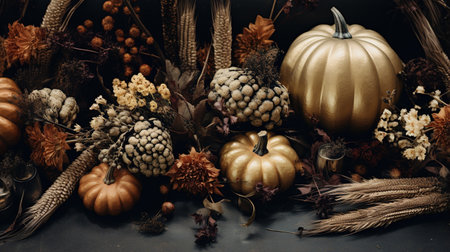 Generative AI, Halloween and Thanksgiving decoration for home and celebration concept, pumpkins and plants, autumn backgroundの素材