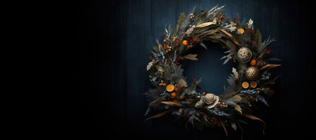 Generative AI, Close up Christmas wreath, dried branches, red berries, pine, balls and flowers on dark moody floral textured background.の素材