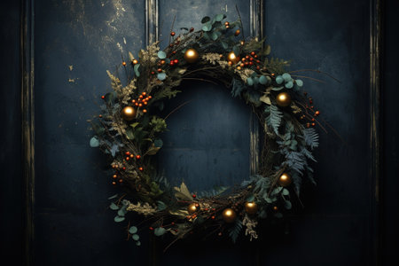 Generative AI, Close up Christmas wreath, dried branches, red berries, pine, balls and flowers on dark moody floral textured background.の素材