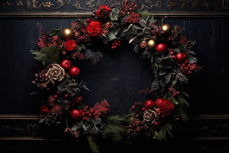 Generative AI, Close up Christmas wreath, dried branches, red berries, pine, balls and flowers on dark moody floral textured background.の素材